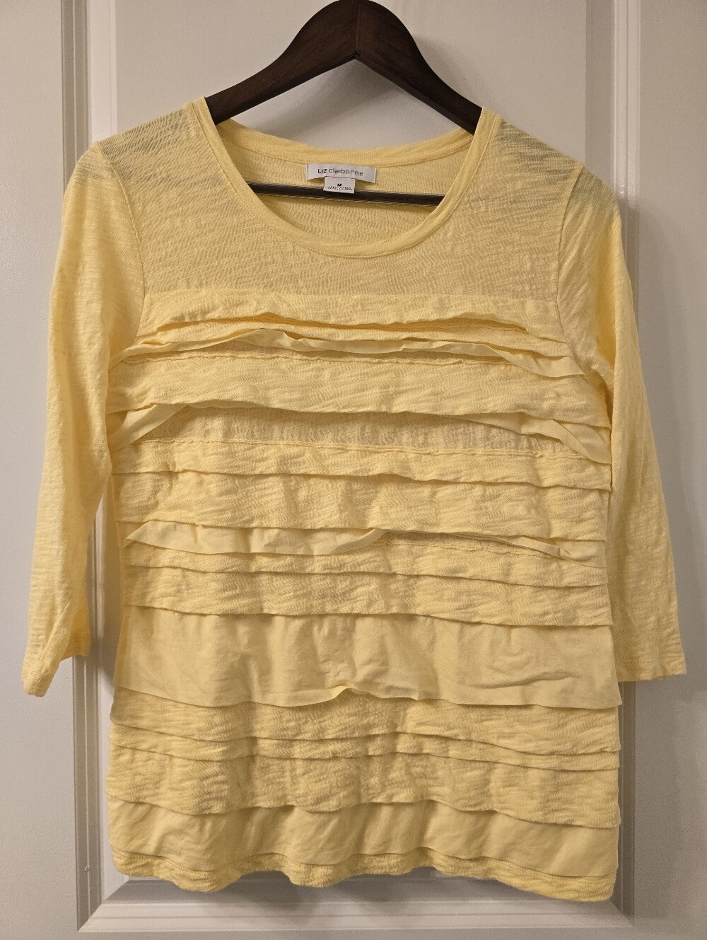Liz Claiborne Yellow Ruffle Front 3/4-Sleeve Tee Sz. M